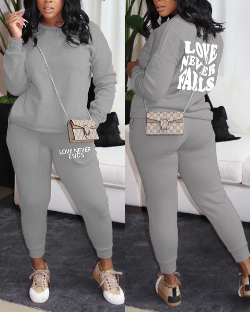 

Letter Print Long Sleeve Casual Top & Pants Set, Gray