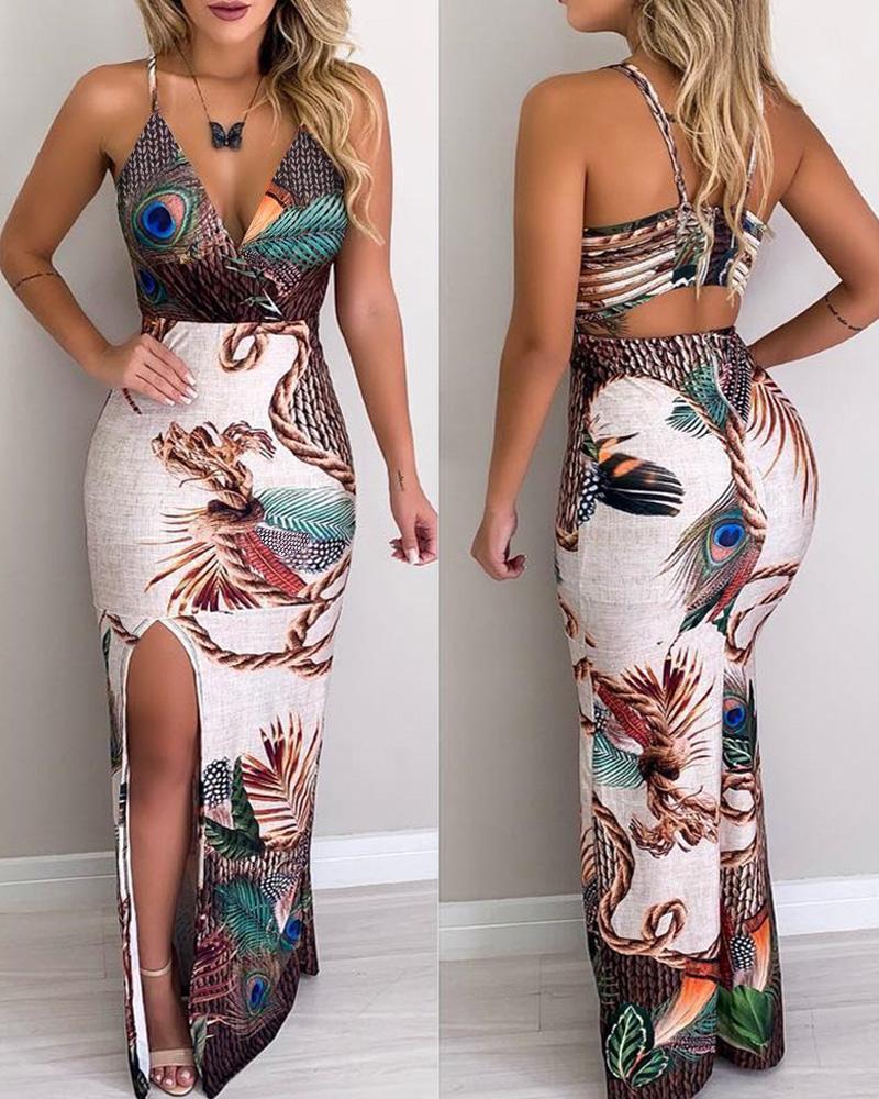 

Peacock Feather Print Cutout Back Thigh Slit Maxi Dress, Multicolor