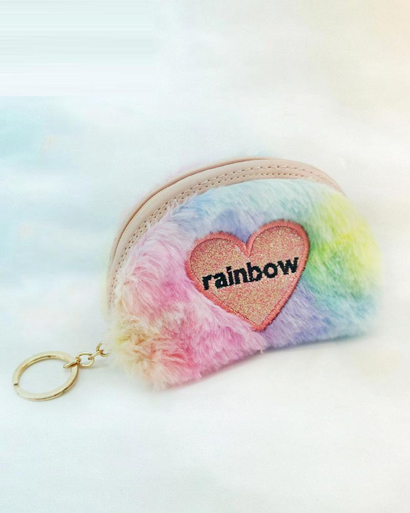 

Fuzzy Heart Pattern Zipper Design Key Ring Bag, Nude