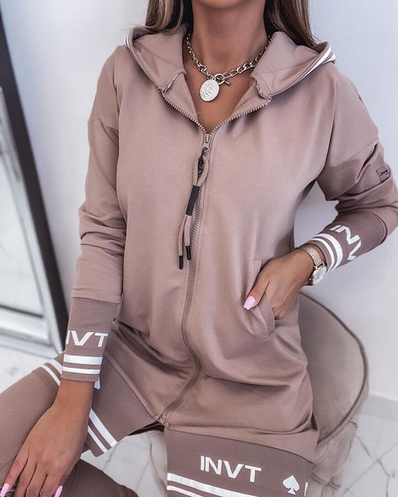 

Letter Print Striped Hooded Sweatshirt & Drawstring Sweatpants Set, Red bean