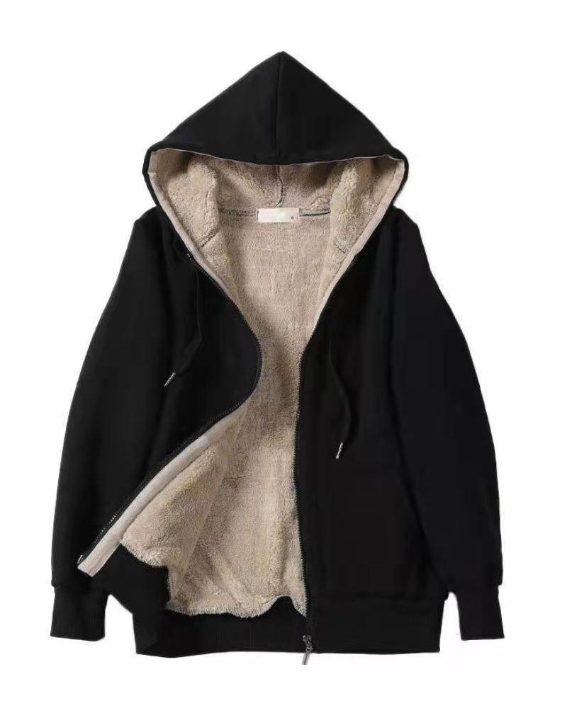 

Long Sleeve Hooded Zip Up Warm Fleece Lined Coat, Black