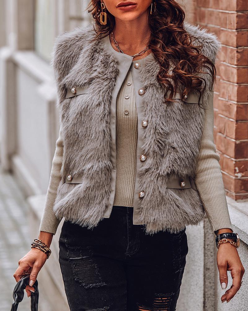 

Fake Pocket Button Design Faux Fur Vest Coat, Gray