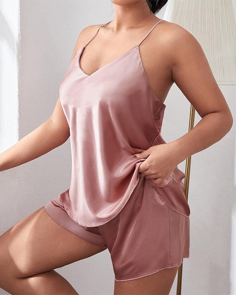 

Plus Size Plain V-Neck Cami Set, Pink