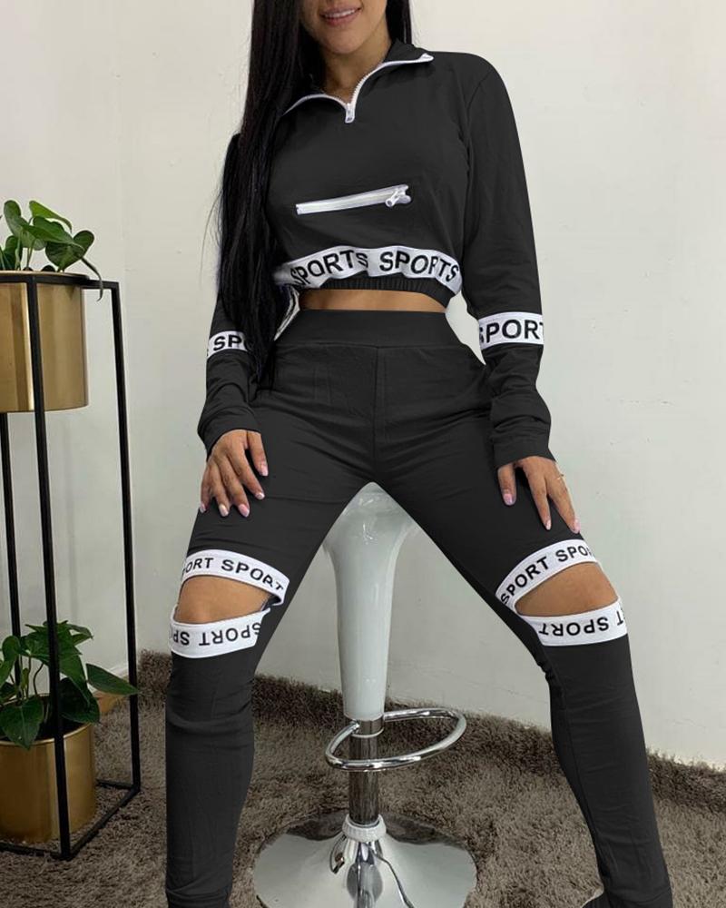 

Letter Print Crop Top & Cutout Pants Sets, Black