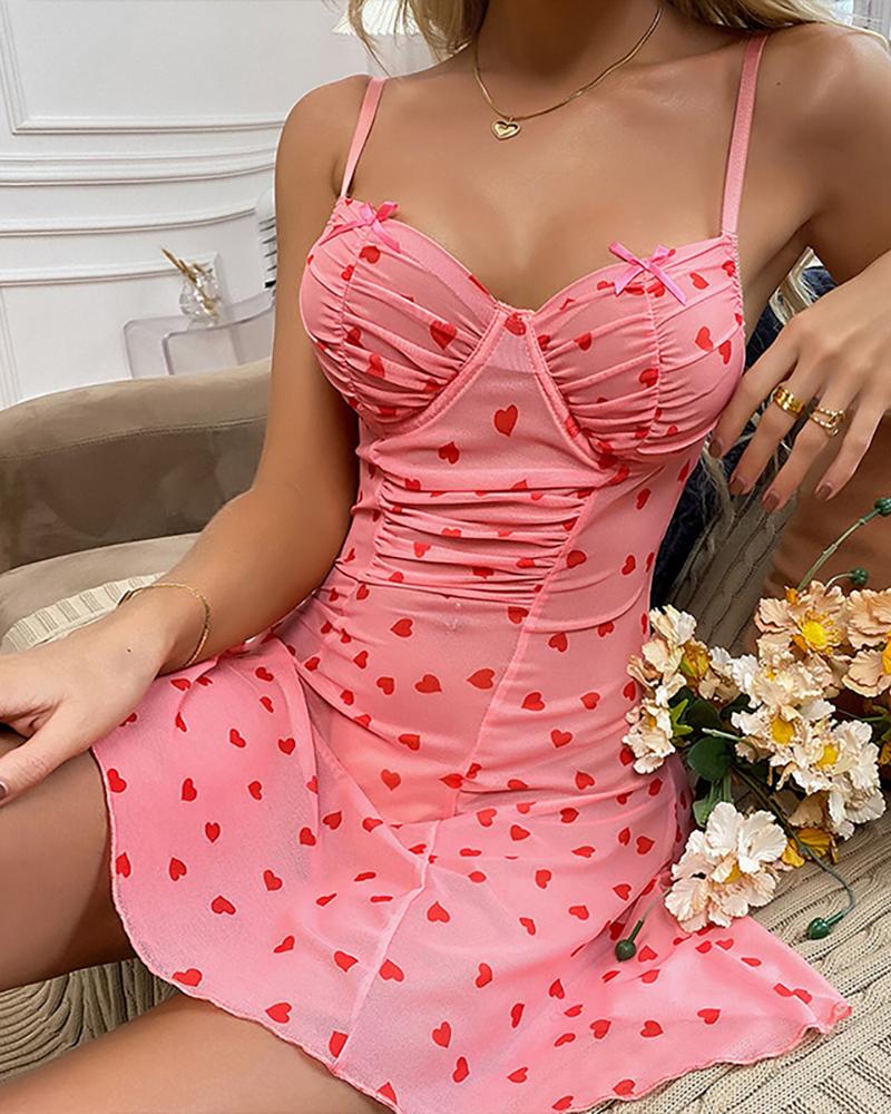

Ruched Heart Mesh Backless Babydoll With Panty, Pink