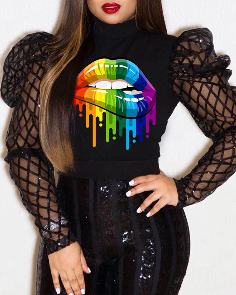 

Mesh Hollow Out Mouth Pattern Women Blouse, Black