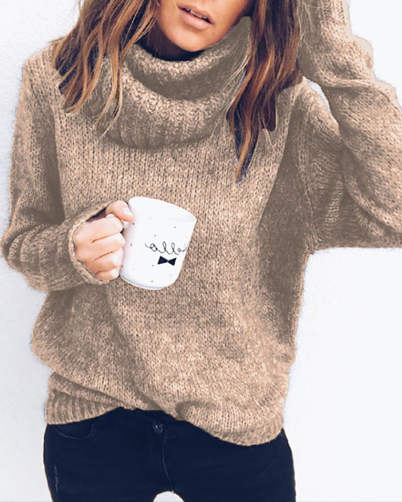 

Solid High Neck Long Sleeve Casual Sweater, Khaki