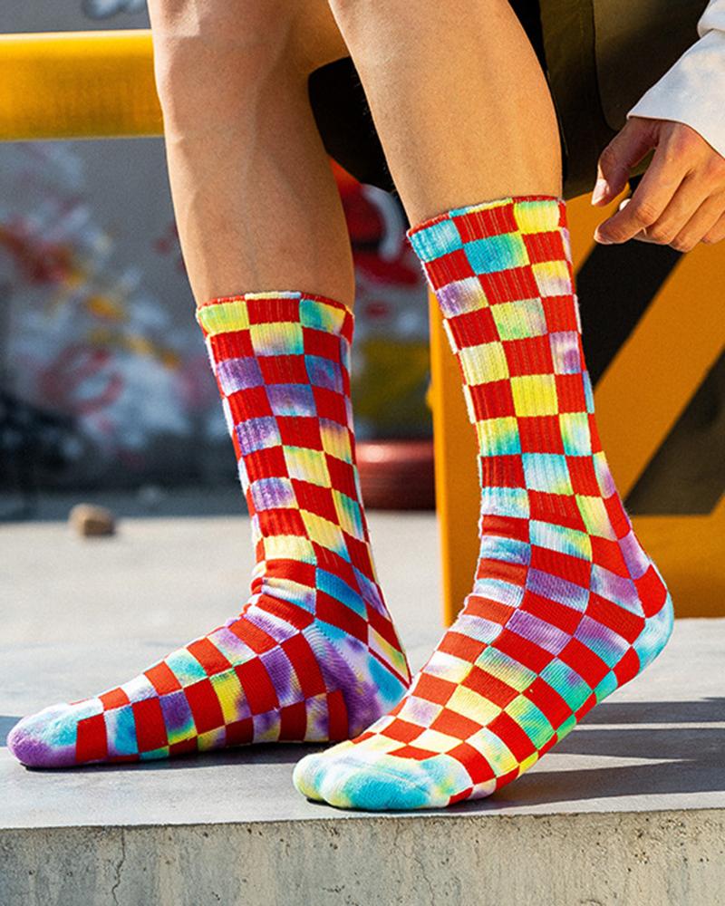 

Plaid Tie Dye Print Long Socks, Red