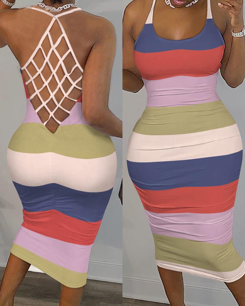 

Striped Colorblock Fishnet Backless Bodycon Dress, Multicolor