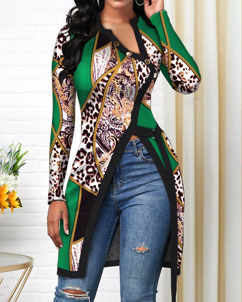

Leopard Baroque Print Button Decor High Split Top, Green
