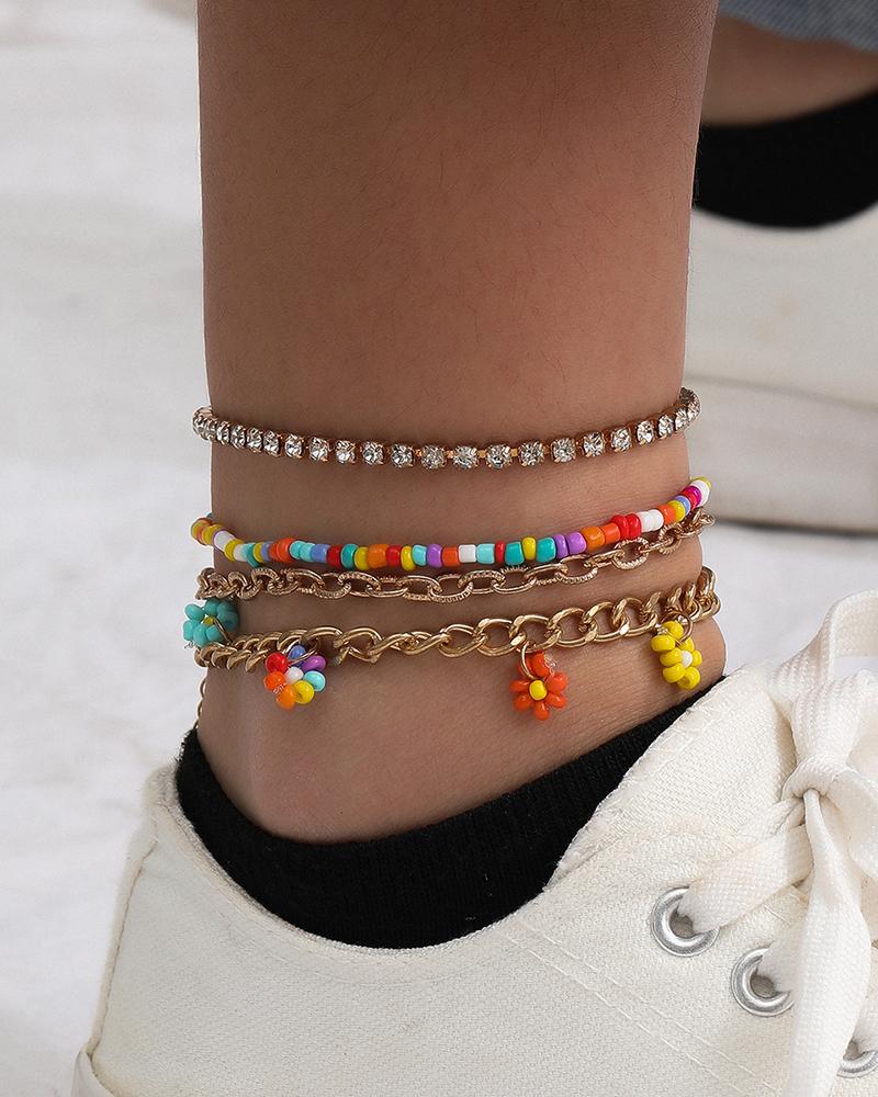 

Floral Pattern Colorful Beaded Studded Anklet, Multicolor