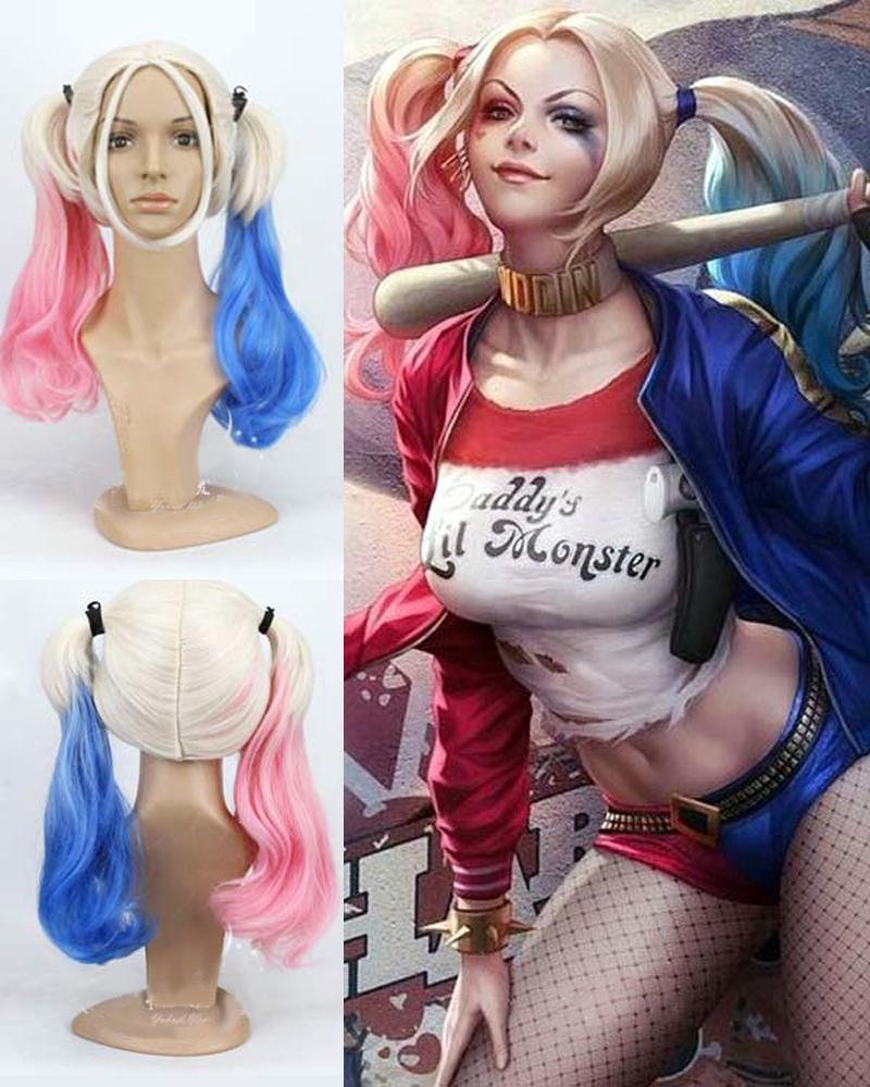 Peluca de pelo rizado de aspecto natural, pelucas sintéticas de Anime Joker Harleen Quinzel, pelucas de Cosplay para fiesta de Halloween