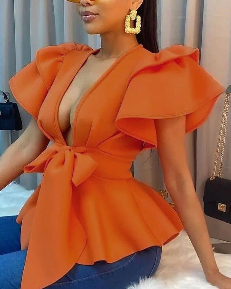 

Plunging Neck Bell Sleeve Tied Detail Peplum Top, Orange