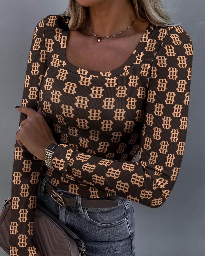 

Letter Print Long Sleeve Ribbed Top, Khaki