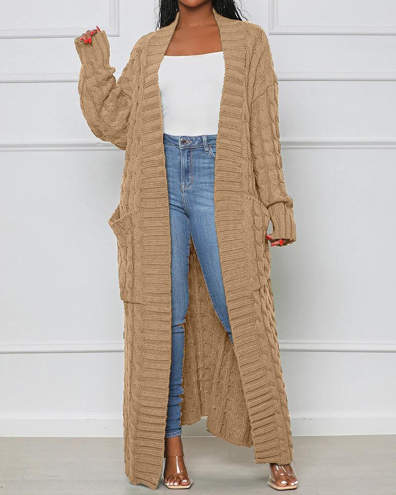 

Pocket Design Cable Longline Knit Cardigan, Khaki