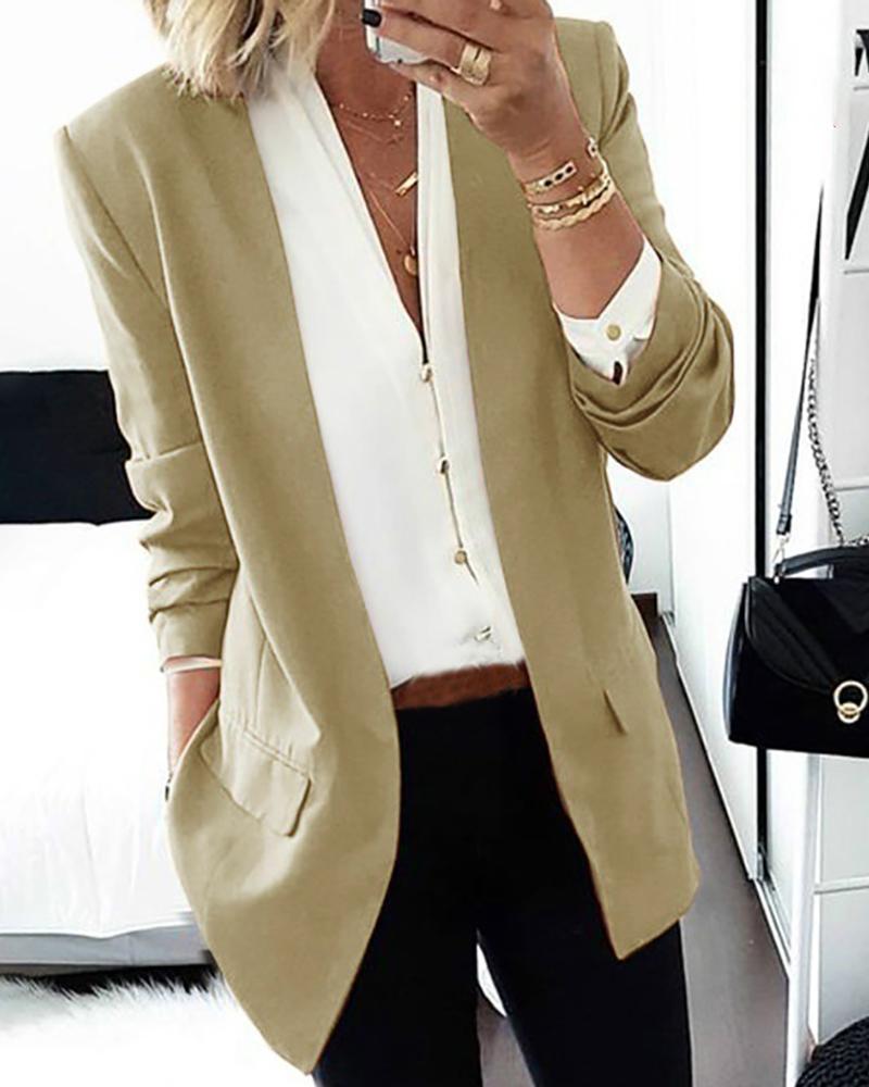 

Solid Long Sleeve Pocket Design Blazer Coat, Khaki