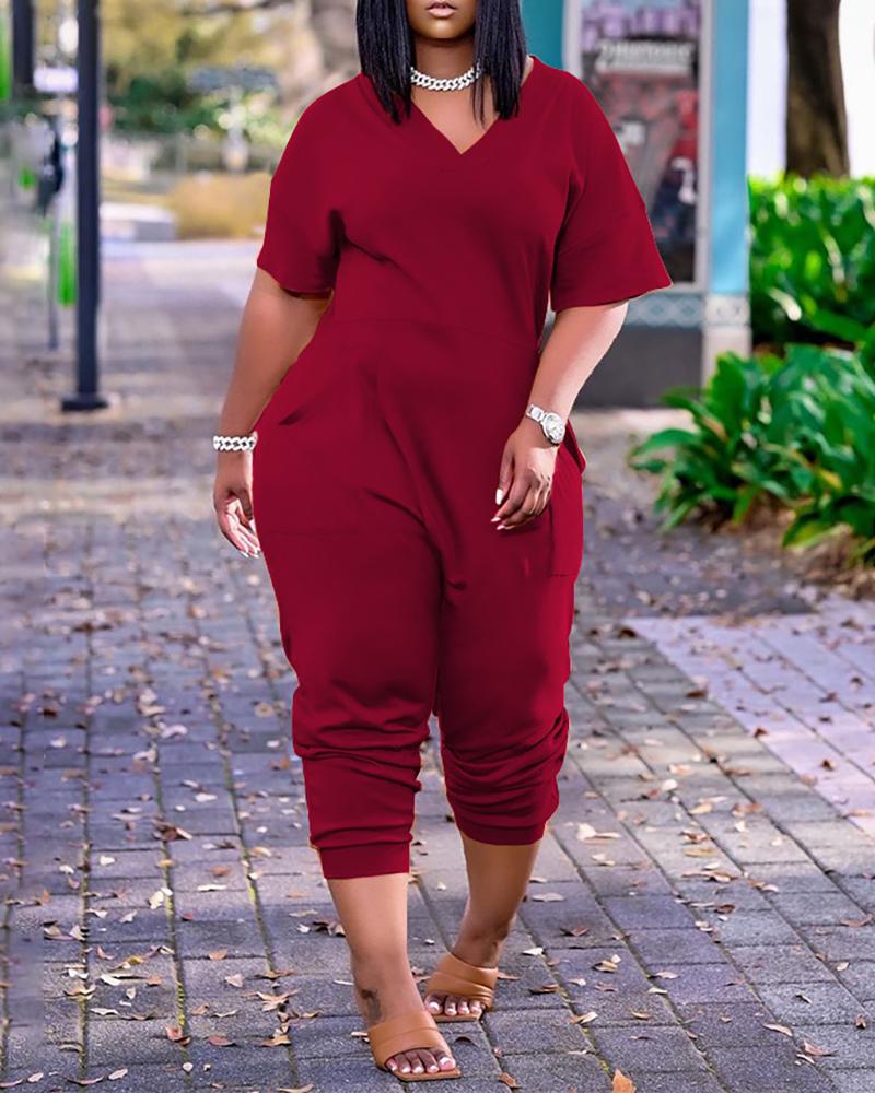 

Pocket Design Plain Short Sleeve Jumpsuit, Wine red