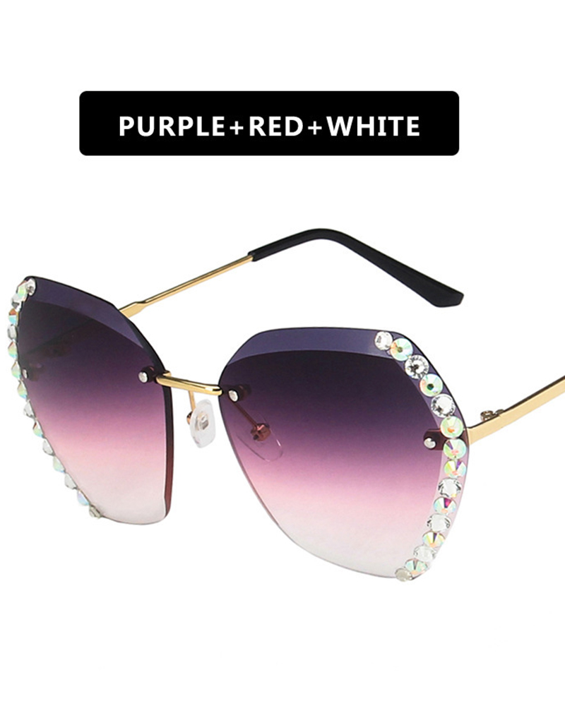 

1Pair Ombre Rimless Rhinestone Geometric Metal Frame Sunglasses, Purple