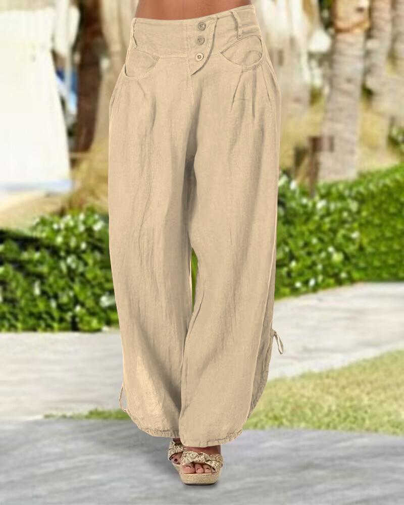 

Button Pocket Design Drawstring Wide Leg Pants, Apricot