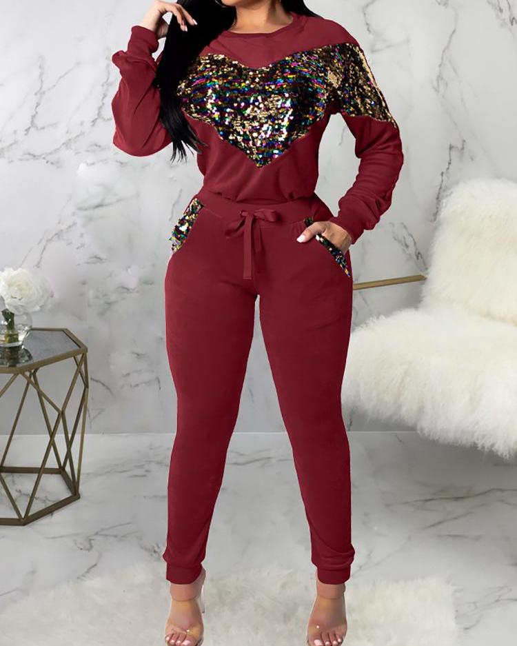 

Heart Sequin Patch Drawstring Tracksuit, Wine red