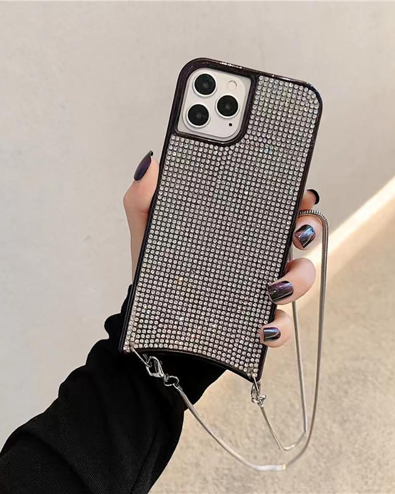 

Allover Rhinestone iPhone Case With Chain, Black