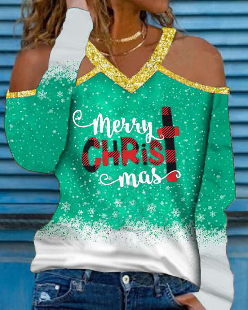 

Merry Christmas Snowflake Print Cold Shoulder Top, Green