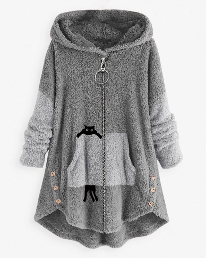 

Cat Print Long Sleeve Hooded Zip Up Teddy Coat, Light gray