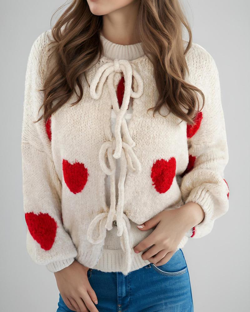 

Heart Pattern Long Sleeve Round Neck Tied Detail Cardigan Spring Winter Top, Apricot