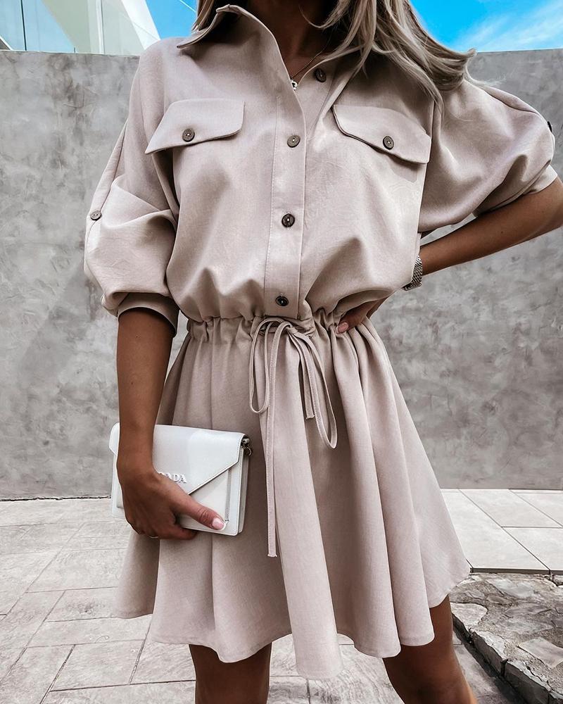 

Buttoned Pocket Design Drawstring Shirt Dress, Apricot