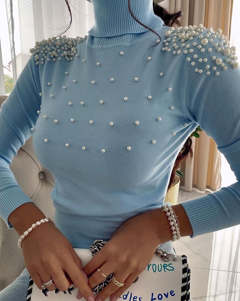 

Beaded High Neck Long Sleeve Sweater, Blue