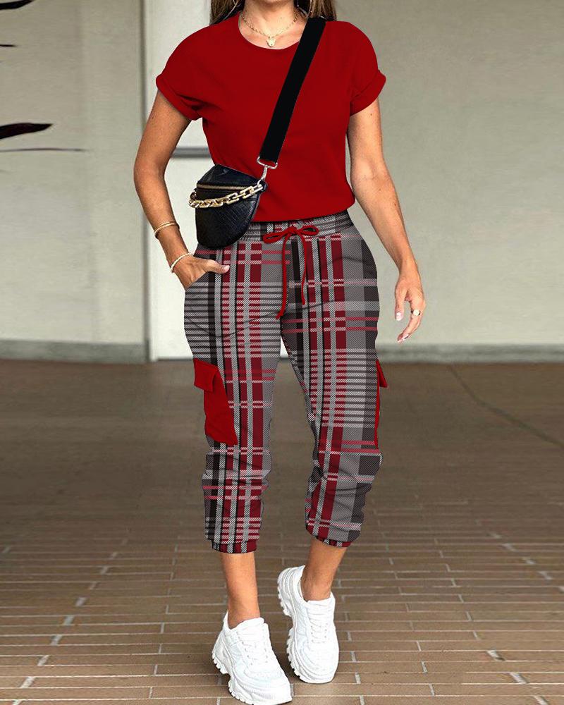 

Round Neck Top & Plaid Print Drawstring Pants Set, Red