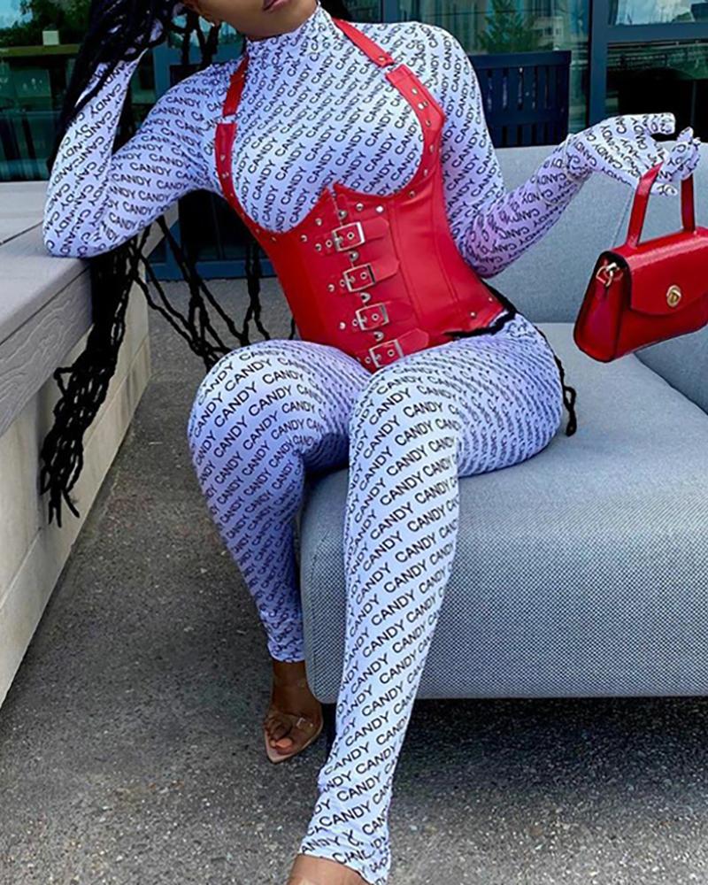 

Letter Print Long Sleeve Skinny Jumpsuit, White