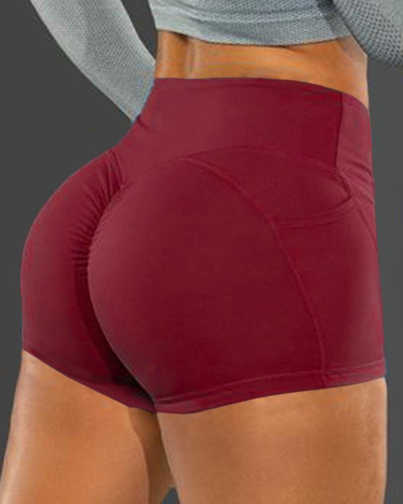 

High Waist Plain Butt Lifting Yoga Shorts, Wine red