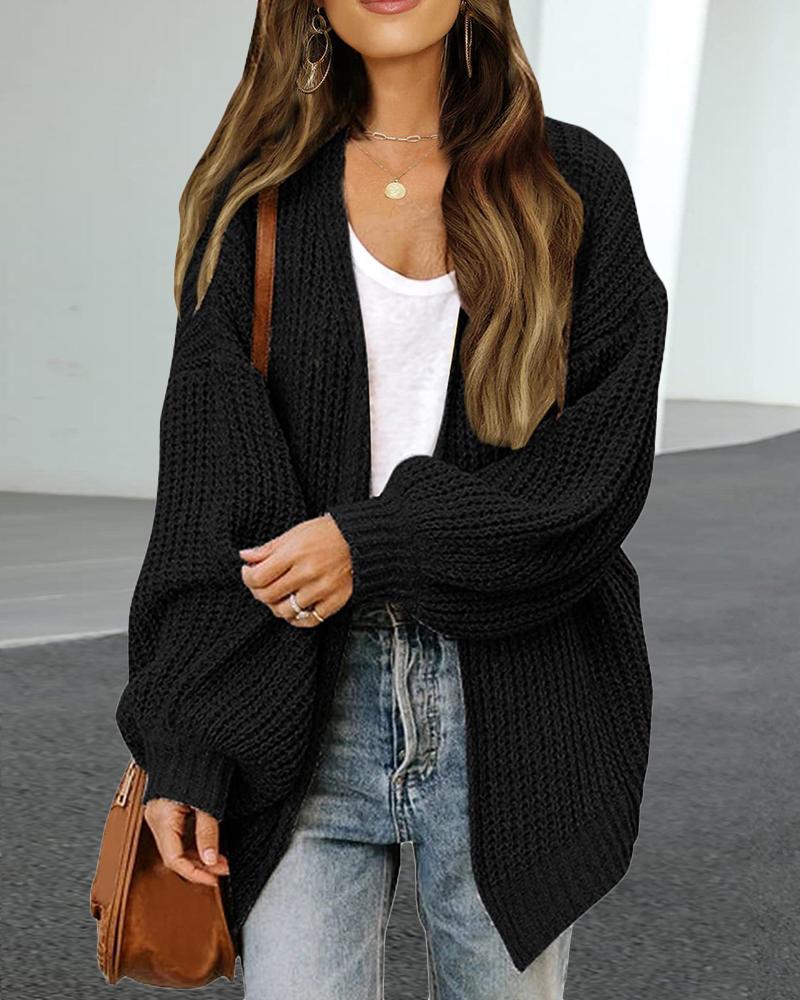 

Lantern Sleeve Open Front Chunky Knit Cardigan, Black