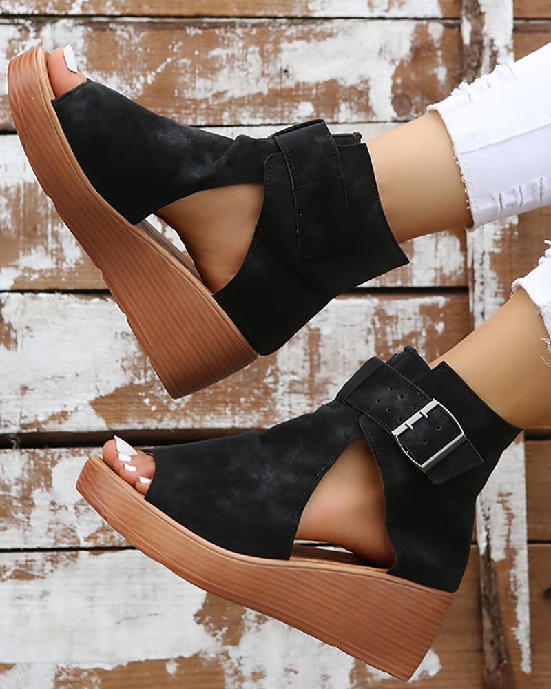 

Cutout Peep Toe Buckled Wedge Sandals, Black