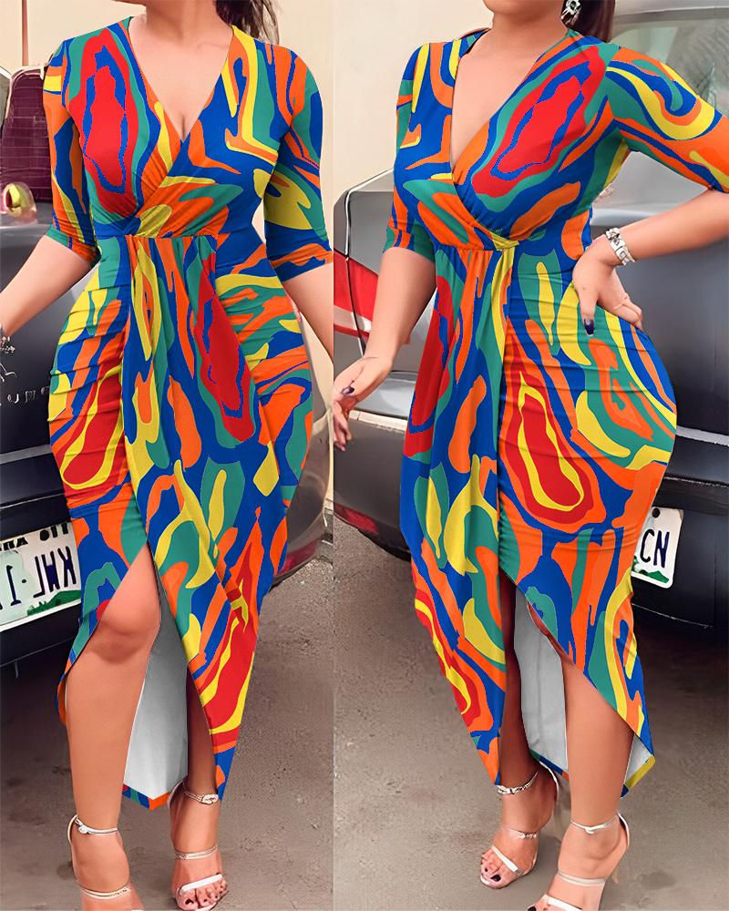 

Multi-Color Abstract Print Draped Midi Dress, Blue