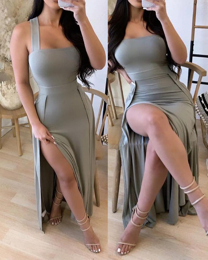 

Halter High Slit Sleeveless Maxi Dress, Gray