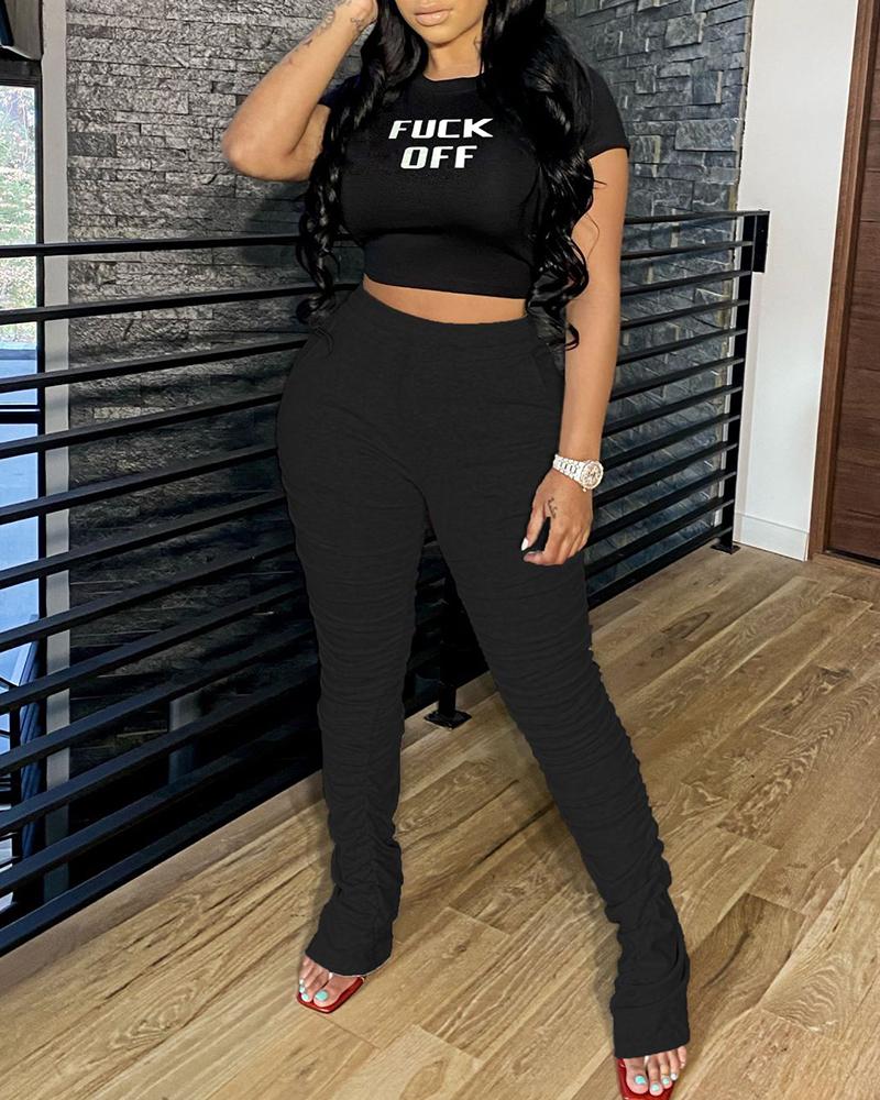 

Letter Print Short Sleeve Top & Pants Set, Black
