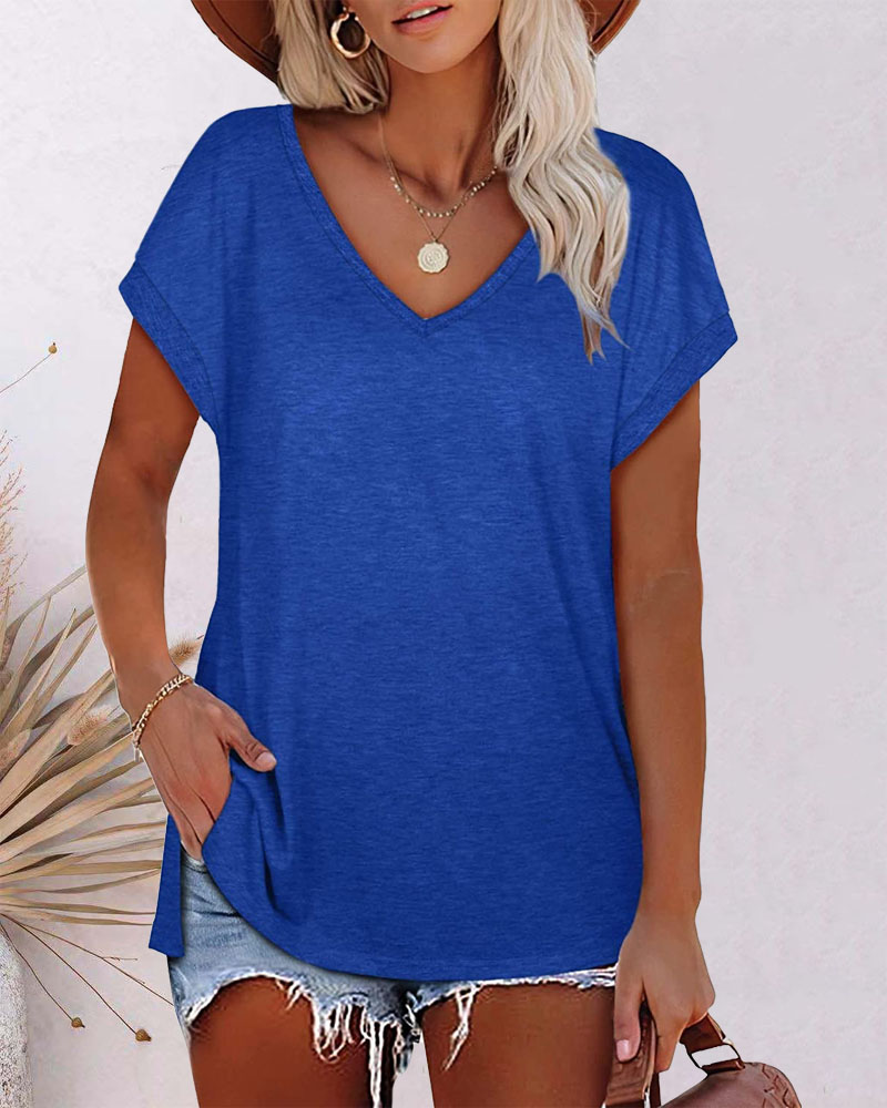 

Batwing Sleeve Split Hem Basic T-shirt, Blue