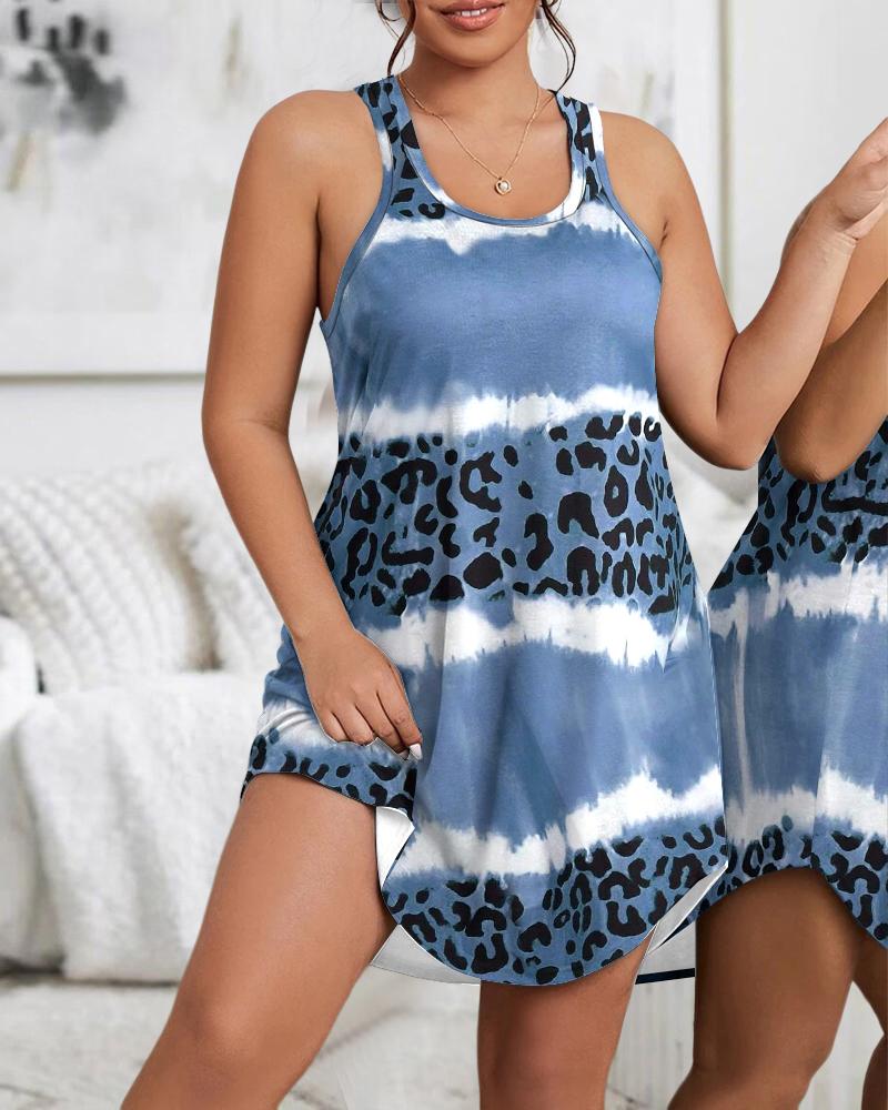 

Plus Size Tie Dye Leopard Print Sleeveless Sleep Dress, Blue