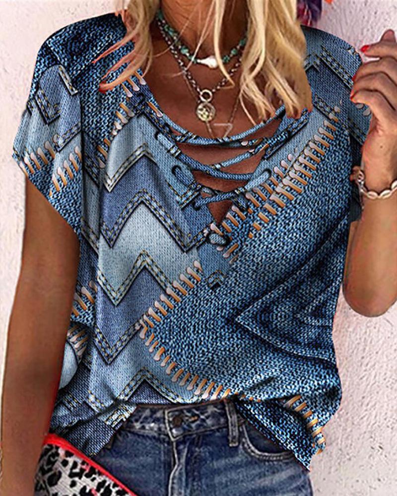 

Graphic Print Eyelet Lace-up Short Sleeve Top, Blue