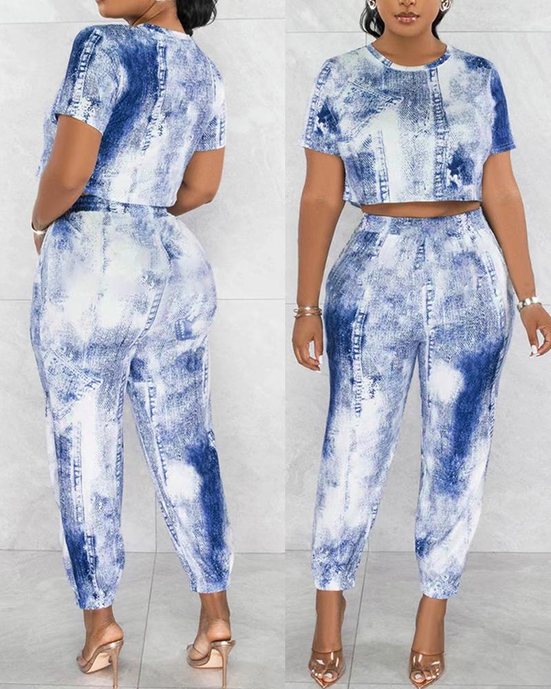 

Denim Look Tie Dye Print Top & Pants Set, Blue