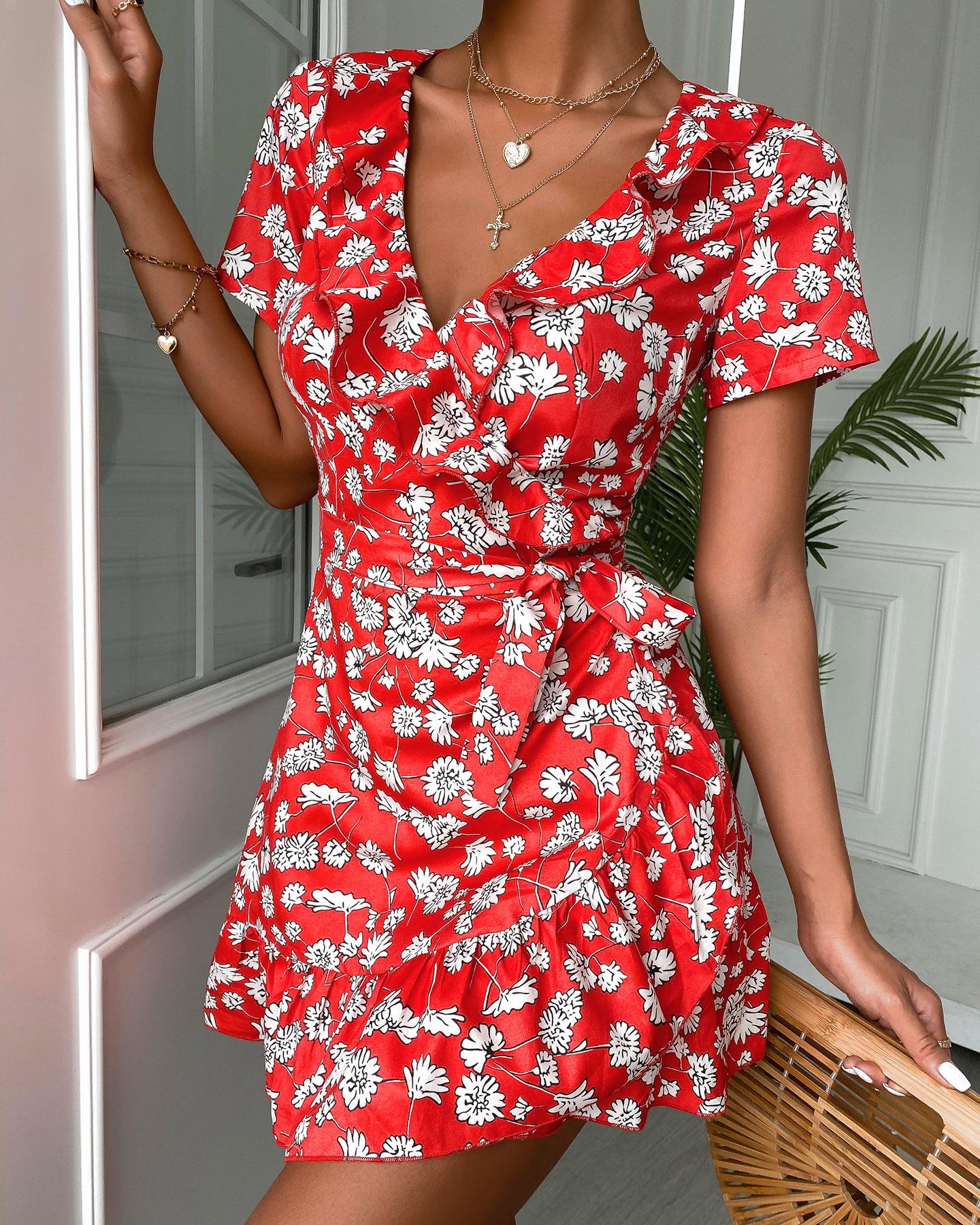 

Floral Print Ruffle Trim Mini Dress, Red