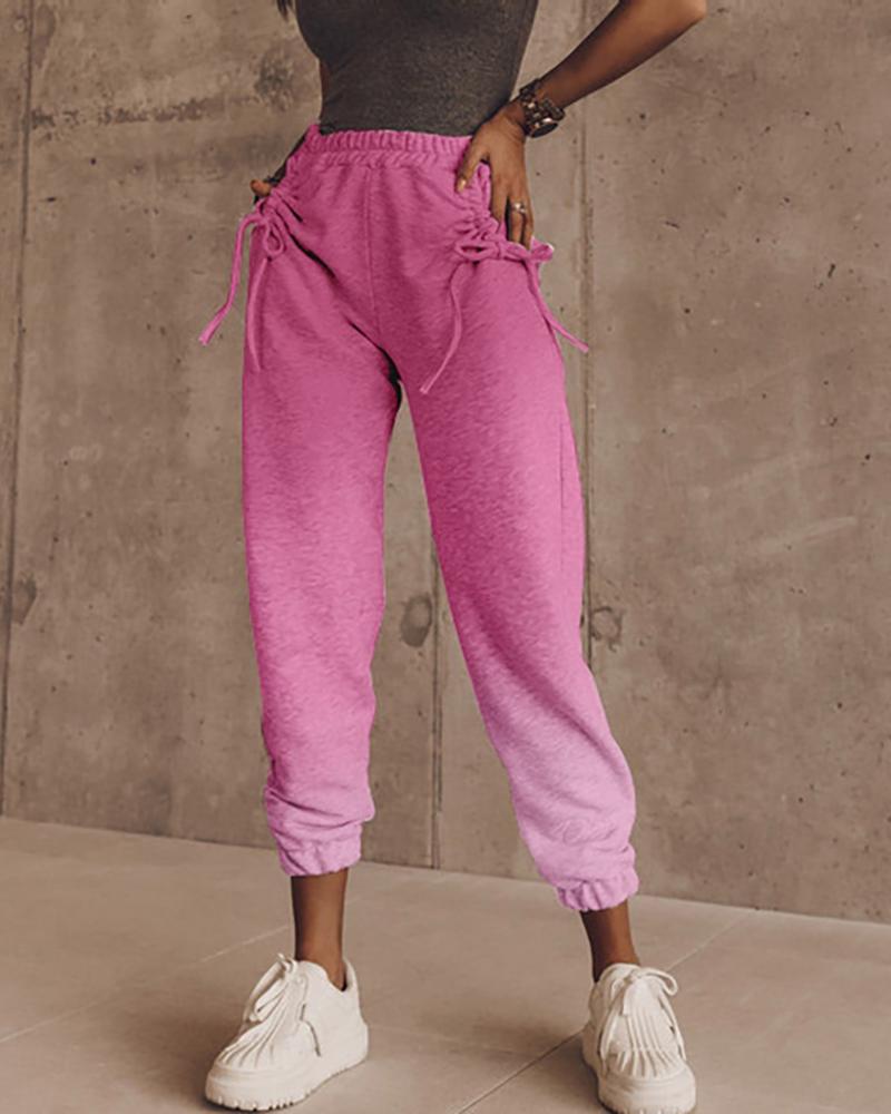 

Ombre Colorblock Drawstring Ruched Casual Pants, Pink