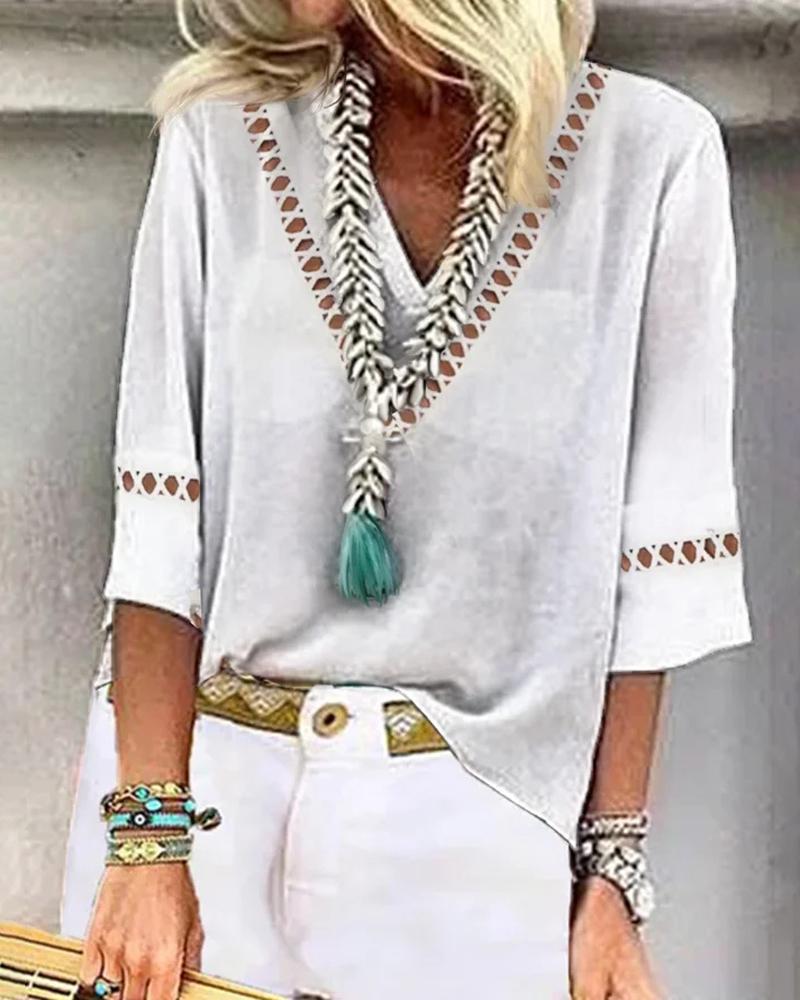 

Hollow Out V-Neck Casual Top, White