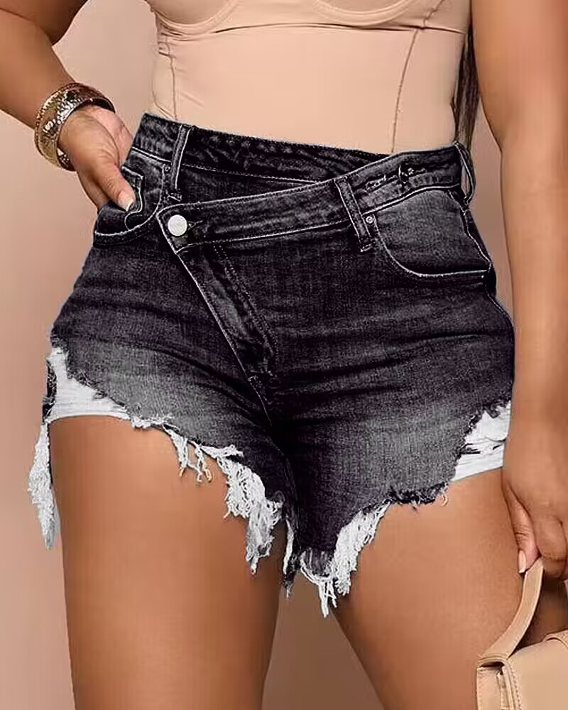 

Buttoned Ripped Pocket Design Denim Shorts, Dark grey