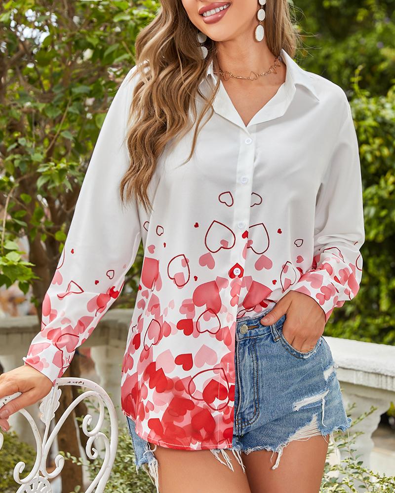 

Valentine' Day Heart Print Long Sleeve Button Down Shirt, White