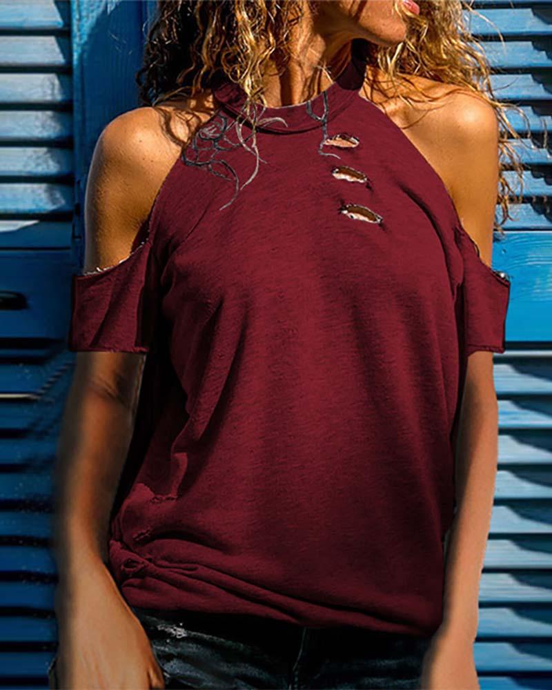 

Cold Shoulder Ribbed Cutout Casual Tee, Wine red