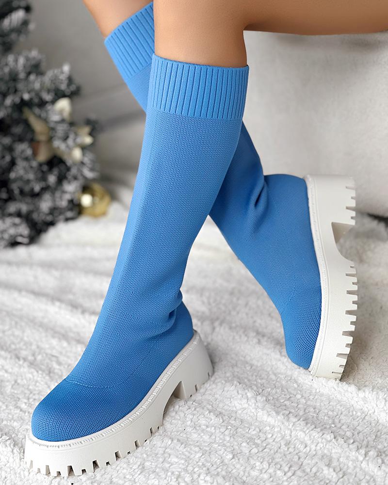 

Round Toe Platform Breathable Calf Boots, Blue