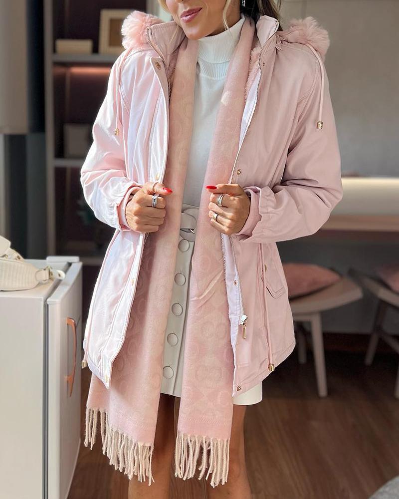 

Drawstring Zipper Design Faux Fur Patch Hooded Parka Coat, Pink